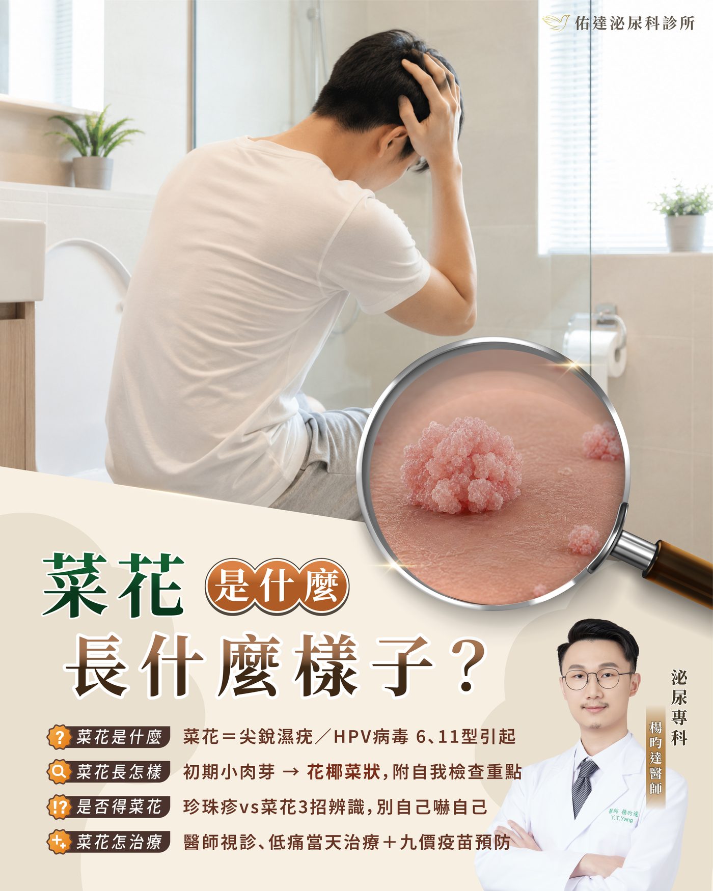 菜花是什麼？長什麼樣子？菜花＝尖銳濕疣，由 HPV 病毒 6、11 型引起，附自我檢查與治療重點｜佑達泌尿科